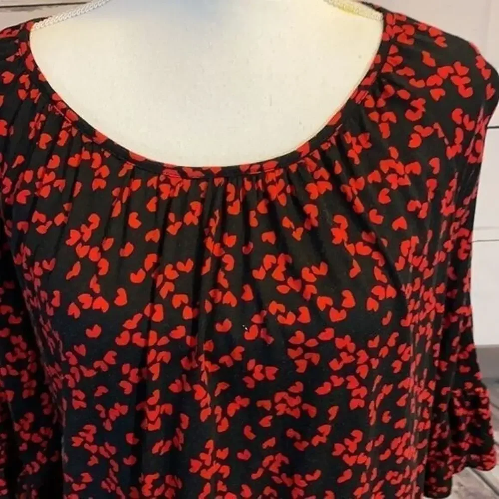 Michael Kors Shirt Womens Large Black Red Hearts Ruffle‎ Sleeve Popover Romantic
